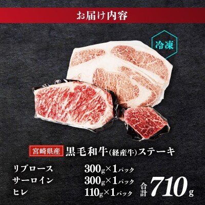 ≪訳あり≫黒毛和牛ステーキ贅沢3種食べ比べセット(合計710g)_T025-014