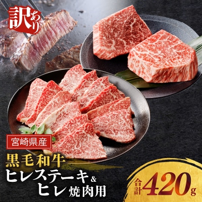 【2週間以内発送】≪訳あり≫宮崎県産黒毛和牛(経産牛)ヒレステーキ&牛ヒレ焼肉用_T025-016