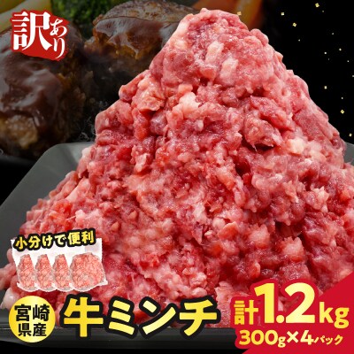 【2週間以内発送】≪訳あり≫宮崎県産牛ミンチ肉 計1.2kg(300g×4パック)_T025-042