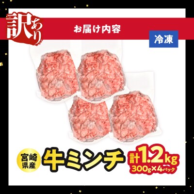 【2週間以内発送】≪訳あり≫宮崎県産牛ミンチ肉 計1.2kg(300g×4パック)_T025-042