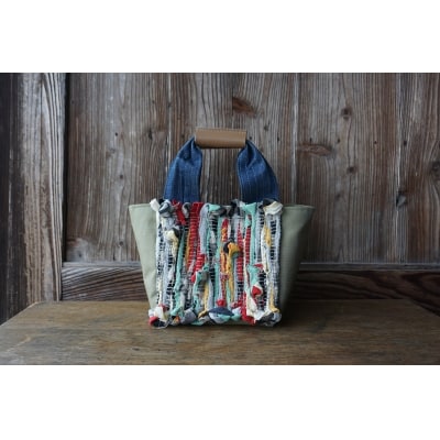 【想い出の布でお作りする世界に1つのomoide bag】裂き織り　スクエア　トートバッグ　想い出
