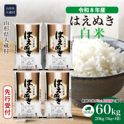 ＜8年産米先行受付＞令和9年2月下旬発送 はえぬき【白米】60kg定期便(20kg×3回)大蔵村