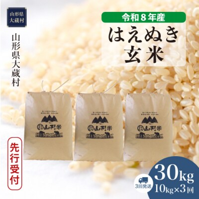 ＜8年産米先行受付＞令和9年3月上旬発送 はえぬき【玄米】30kg 定期便(10kg×3回)大蔵村