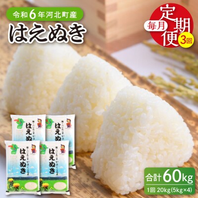 【令和6年産米】2024年12月下旬開始 はえぬき60kg(20kg×3ヶ月)定期便 山形県産