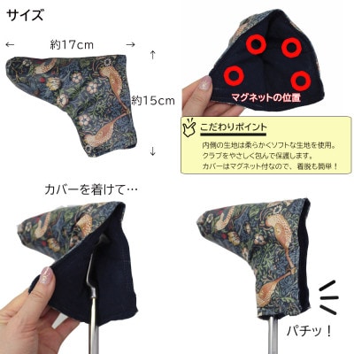 【撥水防汚】ゴルフヘッドカバー パター用 いちご泥棒 青 Fabric by ベストオブモリス