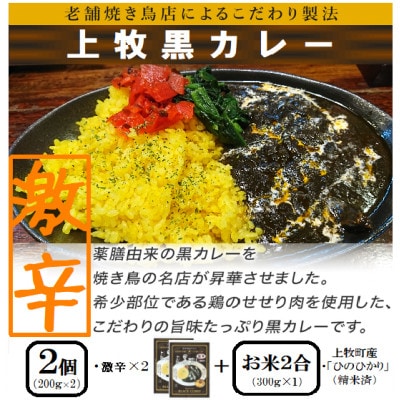 【ご当地カレー】上牧黒カレー(激辛)2個+地元米(ひのひかり)2合をセット