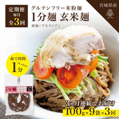【毎月定期便】グルテンフリー1分麺 玄米麺9食(宮城県産)低脂質で小麦粉不使用の無添加米粉麺全3回