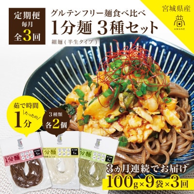 【毎月定期便】グルテンフリー1分麺 3種食べ比べセット各3食(玄米麺・米粉麺・よもぎ麺)無添加全3回