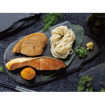 伊達な晩酌プレート(玄昌石プレート・伊達の燻製3種・うどん)