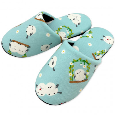 花とシマエナガソフト子供用スリッパ　約20cmまで ブルー