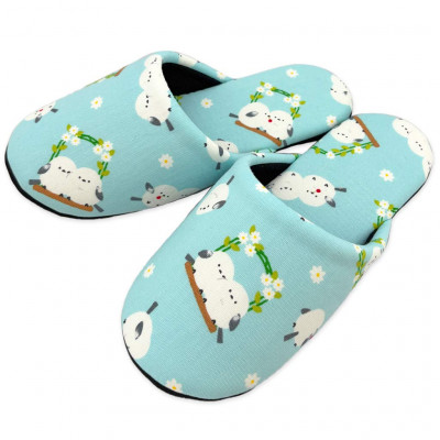 花とシマエナガソフト子供用スリッパ 約22cmまで ブルー