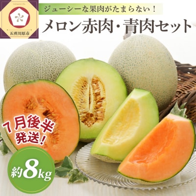 【2026年7月後半発送】津軽のメロン 約8kg (赤肉・青肉セット) 4～6玉・秀～優 青森県産