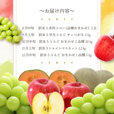 【8月発送開始】フルーツ定期便 5回 りんごモリモリセット【訳あり】メロン マスカット りんご