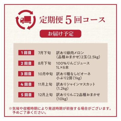 【7月発送開始】フルーツ定期便 5回 りんごジュース入り【訳あり】メロン ぶどう マスカット