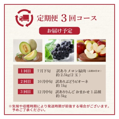 【7月発送開始】おいしい3種類 ☆ フルーツ定期便 3回【訳あり】メロン ぶどう りんご