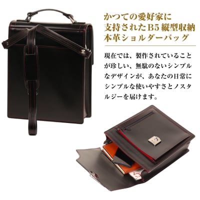 本革仕様のB5縦型収納ショルダーバッグ【ビートルショルダー(黒革・赤ステッチ)】　ay10185