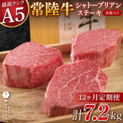 【毎月定期便】常陸牛A5シャトーブリアンステーキ200g×3枚【肉のイイジマおすすめお礼品】全12回