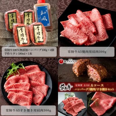 【毎月定期便】常陸牛 定期便Aコース ハンバーグ 焼肉用 すき焼き用 肩肉セット 肉のイイジマ全3回