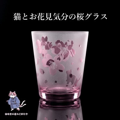 猫とお花見気分の桜グラス 砂吹き工房ねこまたや