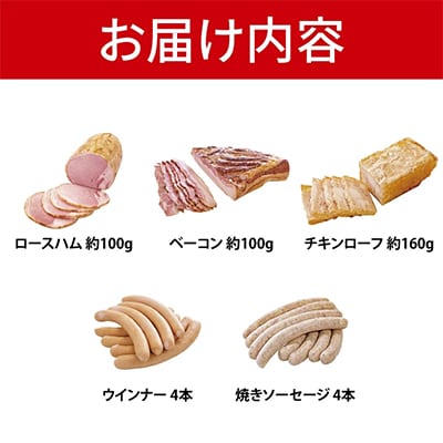 定番セット　5品　ロースハム、ベーコン、チキンローフ、ウインナー、焼きソーセージ