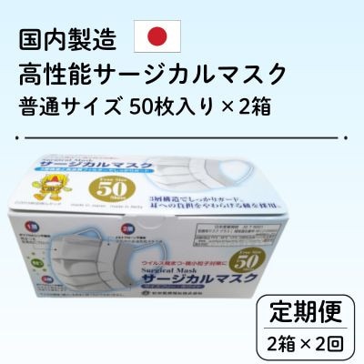【毎月定期便】国内製造 高性能サージカルマスク 普通サイズ 50枚入り×2箱(合計100枚)全2回