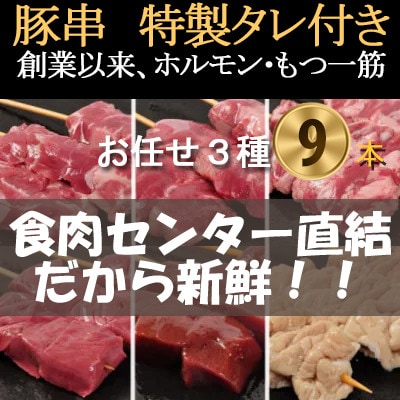 [豚串3種×3本]合計9本【おまかせセット】新鮮!カシラ・タン・ハツ・レバー・シロ・ハラミ・テッポウ