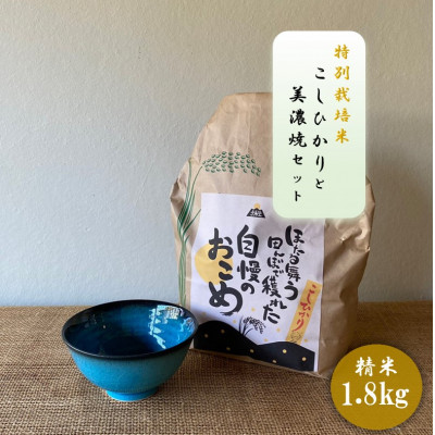 【令和7年産:精米】特別栽培米コシヒカリ(1.8kg)+【美濃焼】青輝貫入茶碗