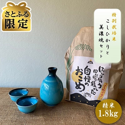 【さとふる限定】【令和7年産:精米】特別栽培米コシヒカリ(1.8kg)+【美濃焼】青輝貫入酒器セット