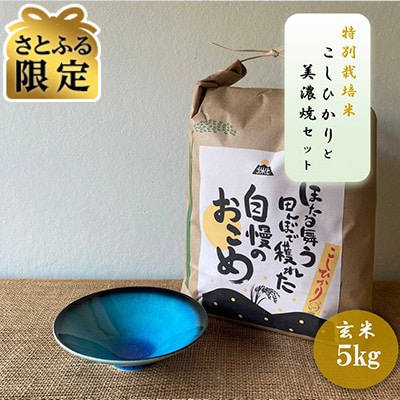 【さとふる限定】【令和7年産:玄米】特別栽培米 コシヒカリ(5kg)+【美濃焼】青輝貫入 小鉢 2個