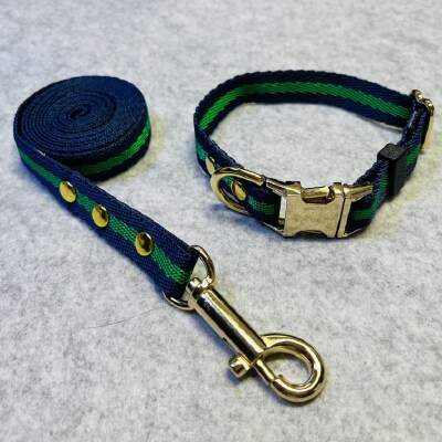 トイプードル及び小型犬用カラー(首輪)&リード(カラー:紺・緑・紺)【001-016】