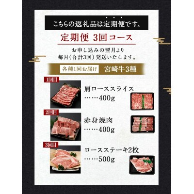 【毎月定期便】宮崎牛肩ローススライス・赤身焼肉・ロースステーキ 計約1.3kg全3回