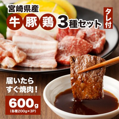 宮崎県産焼肉3種セット【タレ付き】(牛・豚・鶏) 計600g カット済み