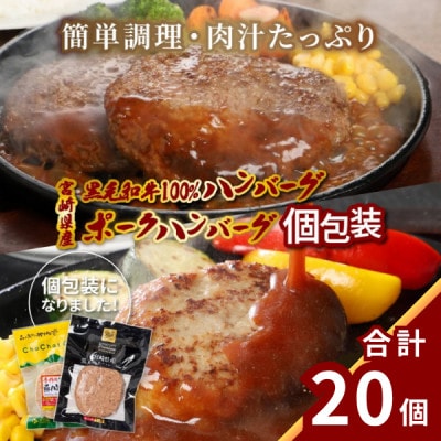 宮崎県産黒毛和牛ハンバーグ10個・きじょん山豚ハンバーグ10個《合計20個セット》K16_0157