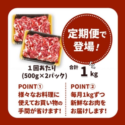 【毎月定期便】宮崎県産黒毛和牛 贅沢切り落とし1kg(500g×2)　K16_T014全3回