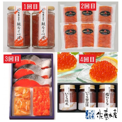【毎月定期便】佐藤水産　口福便(こうふくびん)<鮭ルイベ漬・スモークサーモン・いくら・鮭切身>全4回