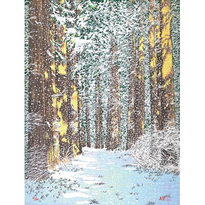 「雪舞う街道杉並木」クリーム額縁