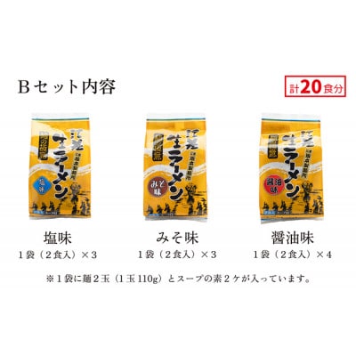 麺の極意!江差生ラーメン三昧 スタンダードBセット 3種20食分　塩・みそ・醤油