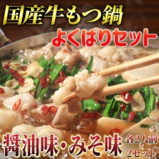 国産牛よくばりもつ鍋セット 醤油味2人前&amp;みそ味2人前(計4人前)(米粉麺付)(行橋市)