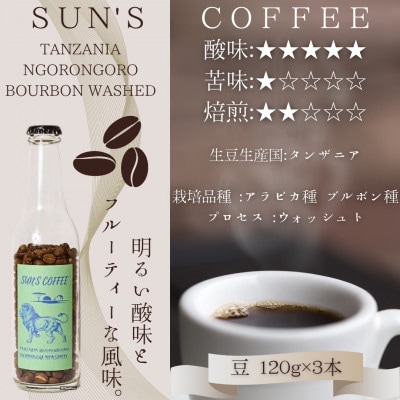 【浅煎り】タンザニア ンゴロンゴロ ブルボン ウォッシュト(豆 120g×3本セット)