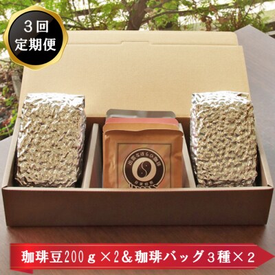【定期便3回】珈琲バッグ3種×2個&珈琲豆200g×2袋を毎月お届け!【3_6-002】