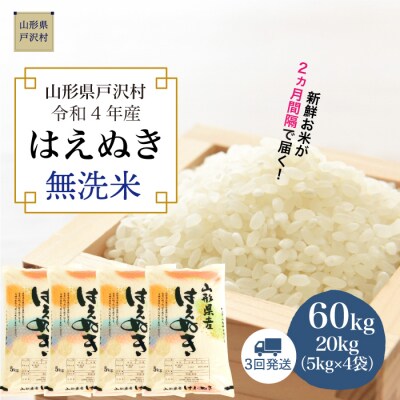 <令和4年産米受付> 戸沢村厳選 はえぬき <無洗米> 定期便60kg (20kg×3回お届け) | ふるさと納税のお礼品