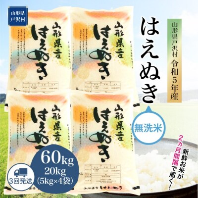 [先行受付] 初回2023年11月中旬 令和5年産 はえぬき【無洗米】60kg(20kg×3回)