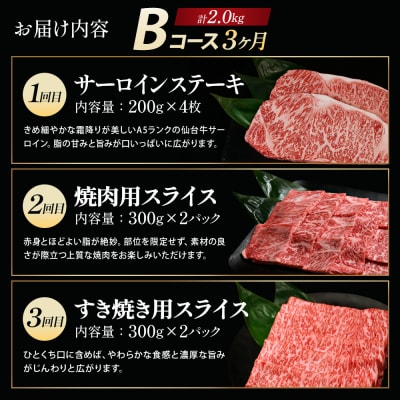 【毎月定期便】「A5仙台牛Bコース」 ステーキ・焼肉・すき焼き 全3回【04301-0857】