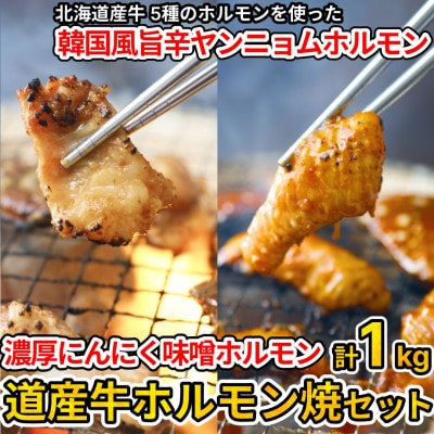 北海道産牛ホルモン焼きセット1kg(韓国風ヤンニョム・濃厚にんにく味噌)