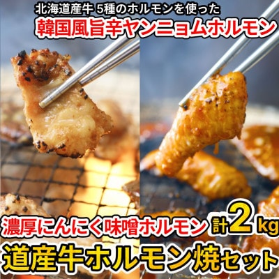 北海道産牛ホルモン焼きセット2kg(韓国風ヤンニョム・濃厚にんにく味噌)