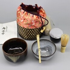 【高取焼】野点籠セット(茶碗、茶筅、茶杓、茶巾、棗籠、籠、籠袋、茶筅・茶杓容器)