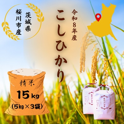 【生産者支援】《令和8年産先行予約》桜川市産こしひかり 計15kg(5kg×3袋)