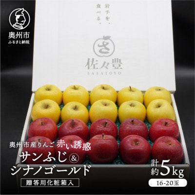 奥州市産りんご赤い誘惑「サンふじ&シナノゴールド」化粧箱入約5kg(16～20玉)[AQ087]