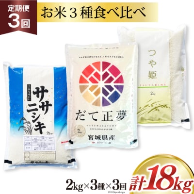 3回 定期 米 宮城県産 ササニシキ だて正夢 つや姫 各2kg 計18kg 20564933