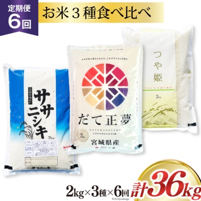 6回 定期 米 宮城県産 ササニシキ だて正夢 つや姫 各2kg 計36kg [20564934]